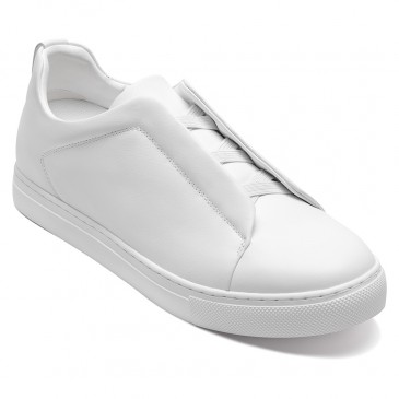 Homens sapatenis com salto | Tênis slip-on branco em couro com costura tripla 6 CM