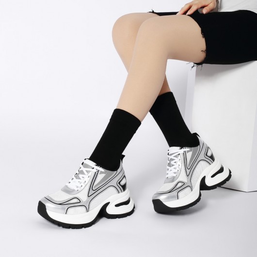 Chunky Sneakers For Women - Silver Leather Elevator Shoes 10CM / 3.94 Inches