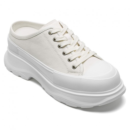 Women's Height Increasing Shoes | White Leather Platform Mule Sneakers 7 CM / 2.76 Inches