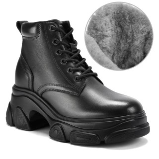 Elevator Boots For Women - Fur Lining Black Leather Casual Boots 9CM / 3.54 Inches