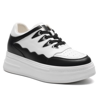 Women's Shoes With Higher Heels - White & Black Leather Casual Elevator Shoes 8CM / 3.15 Inches